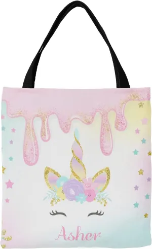 Unicorn Rainbow Personalized Canvas Tote Bags for Women Kids, Reusable Bags for Shopping,Travel,School Handbag Gift
