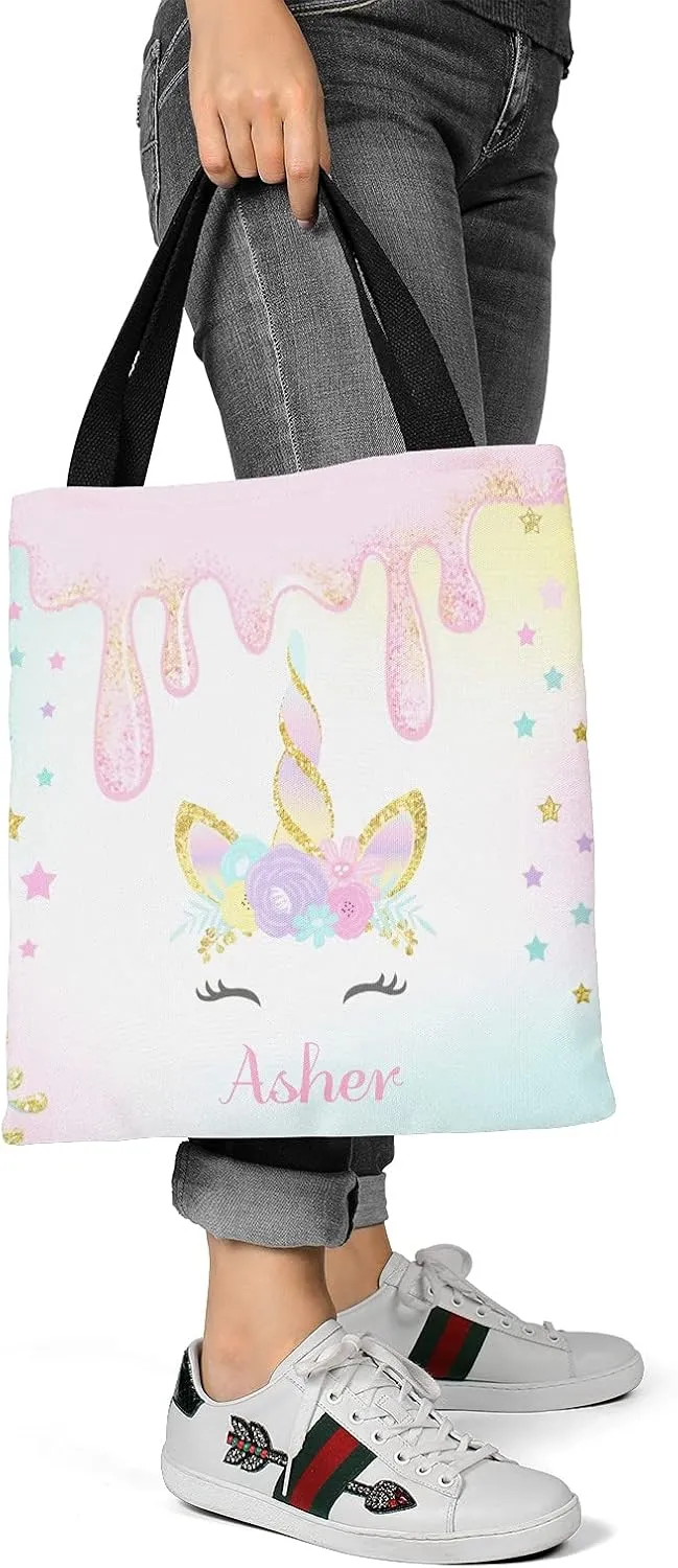 Unicorn Rainbow Personalized Canvas Tote Bags for Women Kids, Reusable Bags for Shopping,Travel,School Handbag Gift