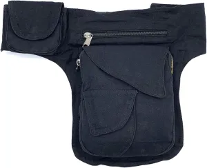 Unique design plain black 4 pocket multipurpose Fanny Pack Hip Bag Festival Bag Travel waist pack 100 percent cotton FAIR TRADE Handmade with Love,Small