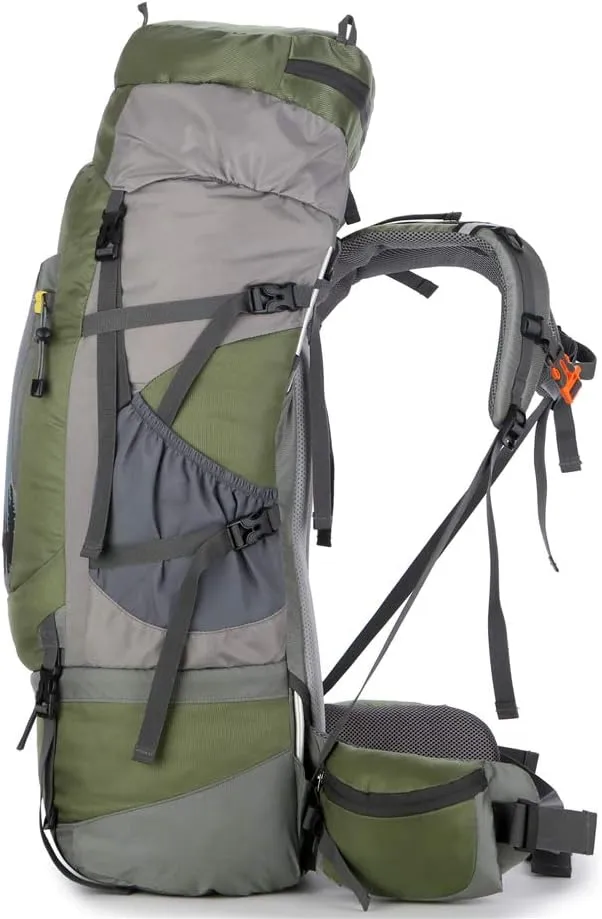 UNISTRENGH 80L Waterproof Hiking Backpacks External Aluminum Tube Frame Backpacking Duffle Luggage Bag for Traveling Camping Glamping,Green