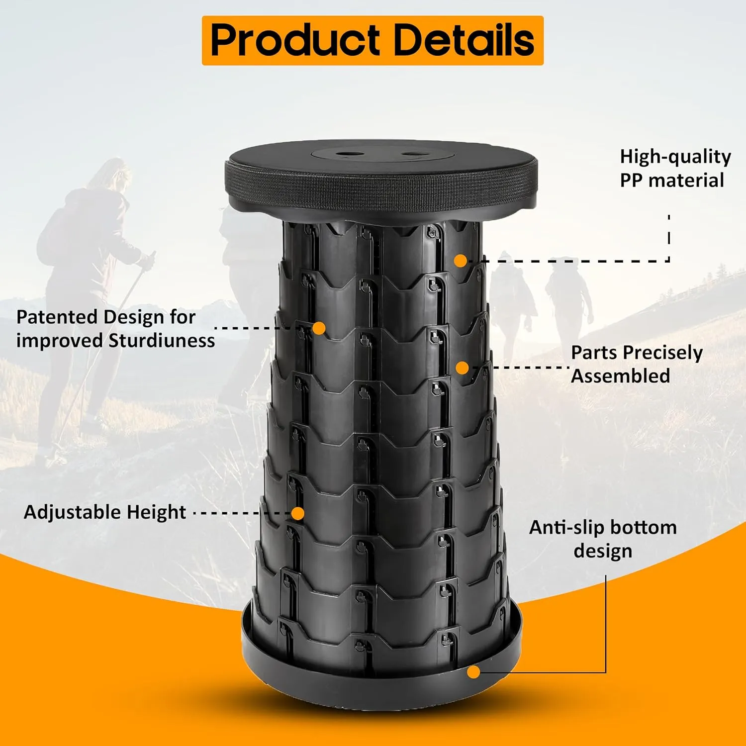 Upgraded Portable Folding Stool with Seat Cushion and Nylon Bag Adjustable Stool with 350lbs Load Capacity Collapsible Camping Stool for Adults Outdoor Travel, Fishing. (1, Black)
