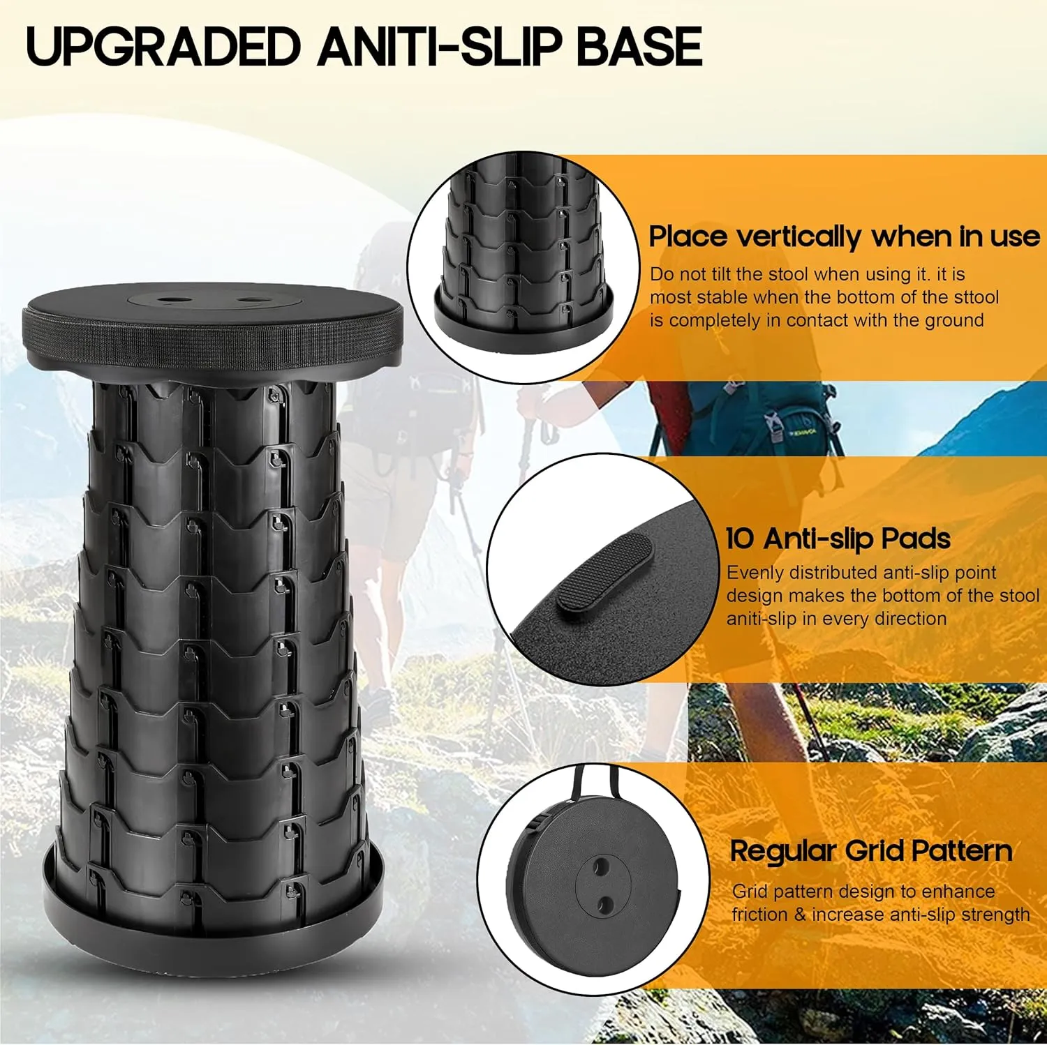 Upgraded Portable Folding Stool with Seat Cushion and Nylon Bag Adjustable Stool with 350lbs Load Capacity Collapsible Camping Stool for Adults Outdoor Travel, Fishing. (1, Black)