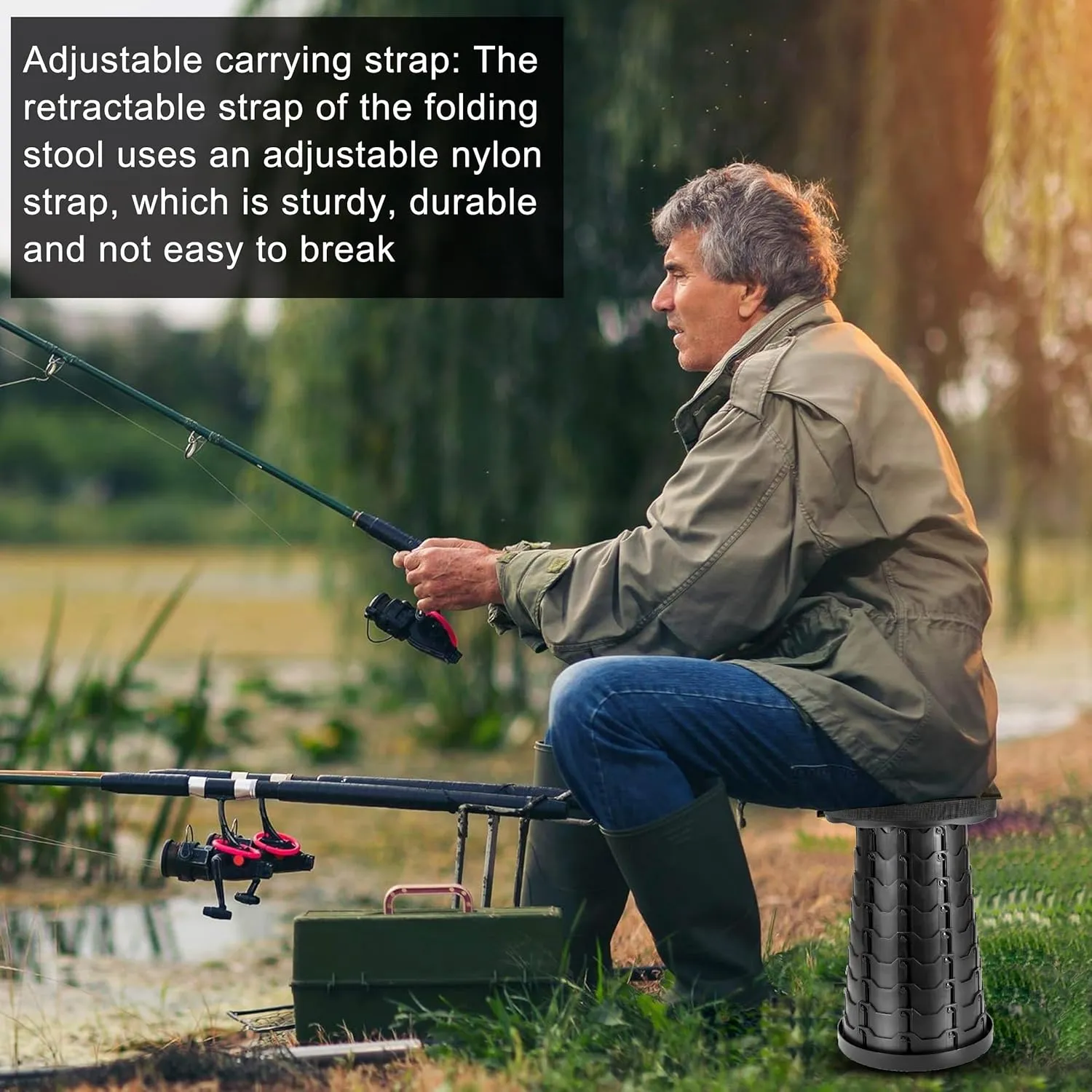 Upgraded Portable Folding Stool with Seat Cushion and Nylon Bag Adjustable Stool with 350lbs Load Capacity Collapsible Camping Stool for Adults Outdoor Travel, Fishing. (1, Black)
