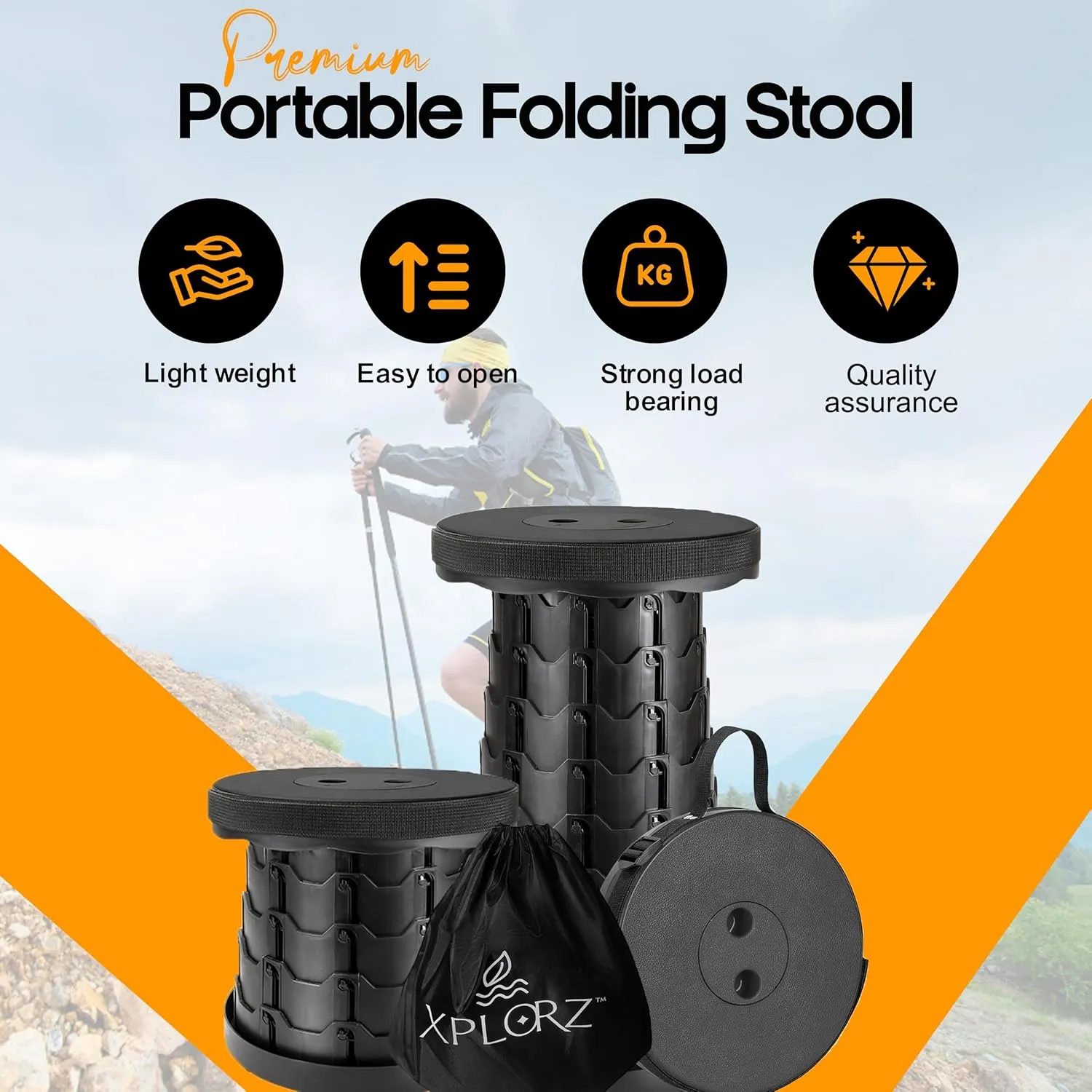 Upgraded Portable Folding Stool with Seat Cushion and Nylon Bag Adjustable Stool with 350lbs Load Capacity Collapsible Camping Stool for Adults Outdoor Travel, Fishing. (1, Black)