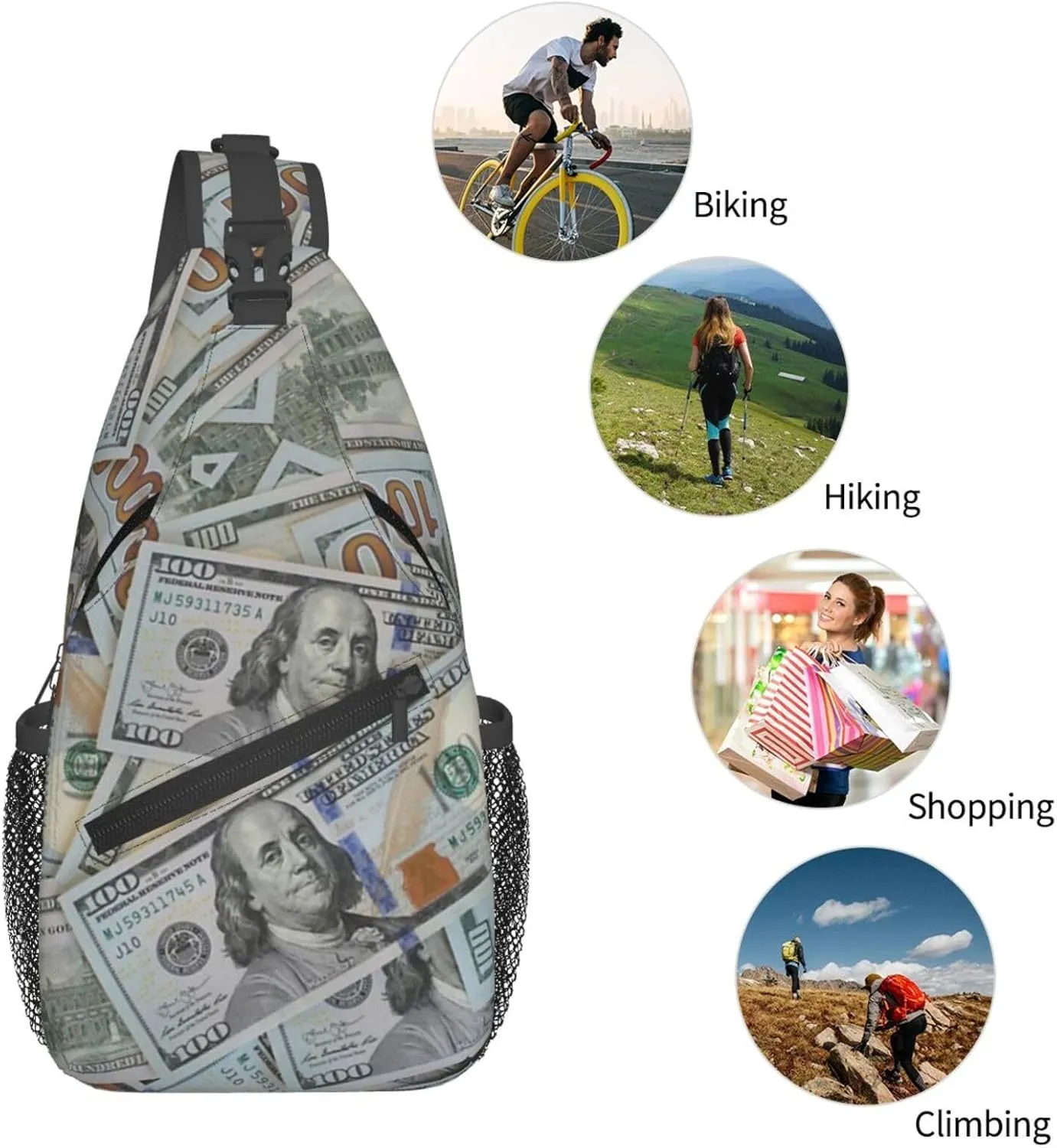 Us Bill Dollars Money Sling Backpack Chest Bag Crossbody Shoulder Bag Gym Cycling Travel Hiking Daypack For Men Women