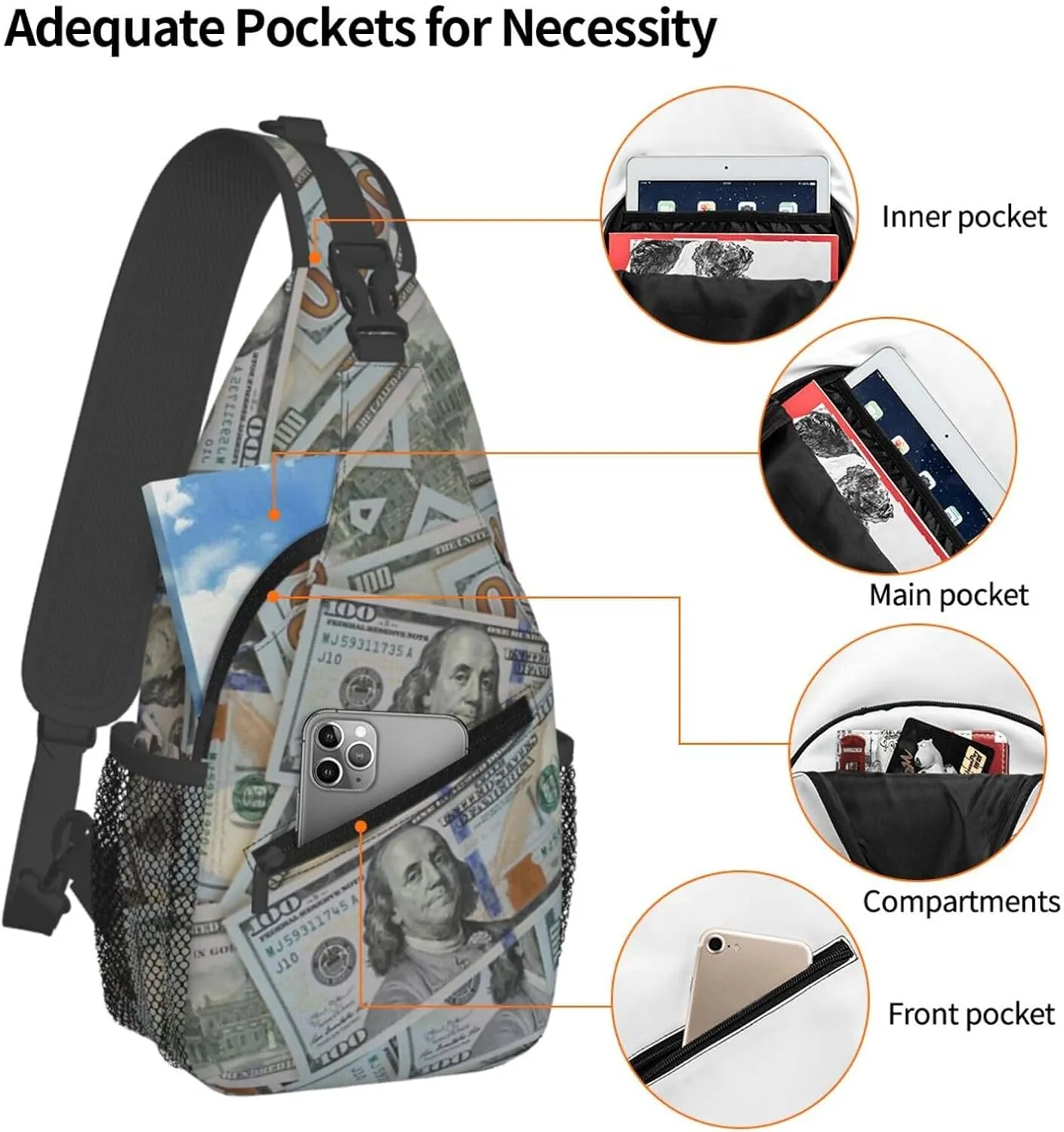 Us Bill Dollars Money Sling Backpack Chest Bag Crossbody Shoulder Bag Gym Cycling Travel Hiking Daypack For Men Women