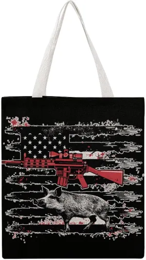 USA Flag Boar Hunting Wild Canvas Tote Bags Portable Shopping Grocery Bag Shoulder Handbag with Handles