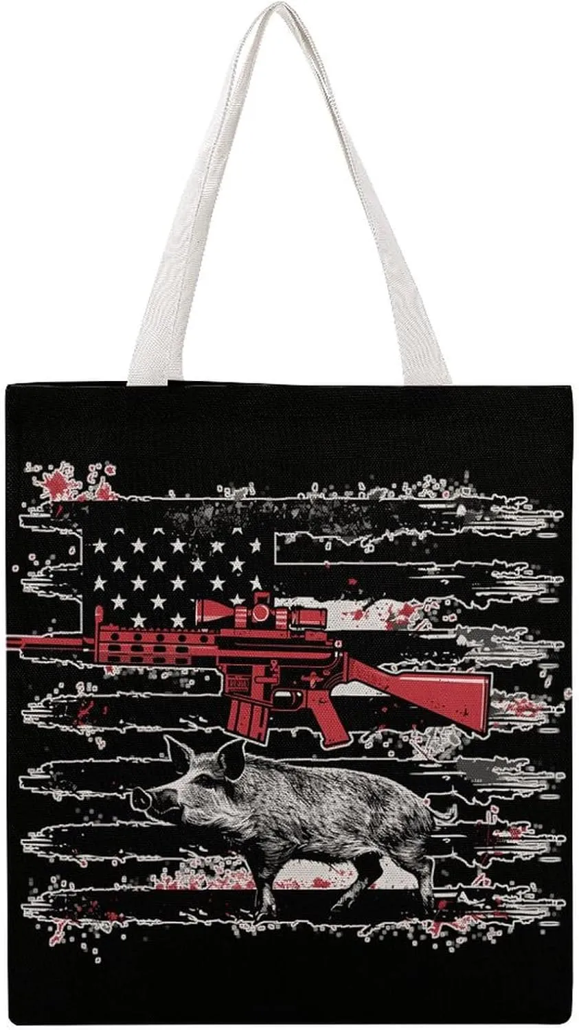 USA Flag Boar Hunting Wild Canvas Tote Bags Portable Shopping Grocery Bag Shoulder Handbag with Handles