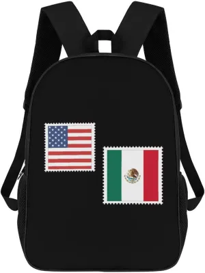 U.S.A. Flag Mexican Flag Stamp 17 Inches Travel Backpacks Funny Shoulder Bag Lightweight Daypack