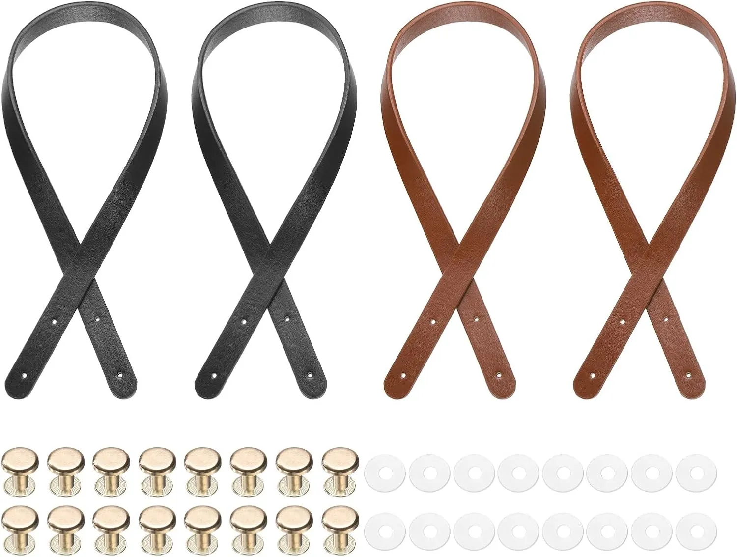uxcell 4Pcs PU Leather Bag Handle, 25.6" Handbag Straps with 16Pcs Rivets 0.7" Wide Sew on Bag Handle Replacement Shoulder Bag Strap for DIY Bag Making Handbag, Black/Brown