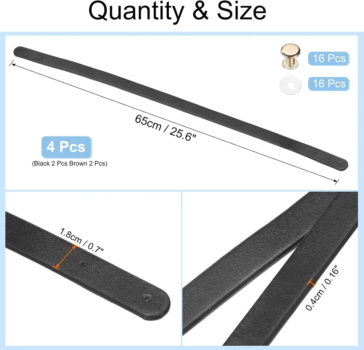 uxcell 4Pcs PU Leather Bag Handle, 25.6" Handbag Straps with 16Pcs Rivets 0.7" Wide Sew on Bag Handle Replacement Shoulder Bag Strap for DIY Bag Making Handbag, Black/Brown