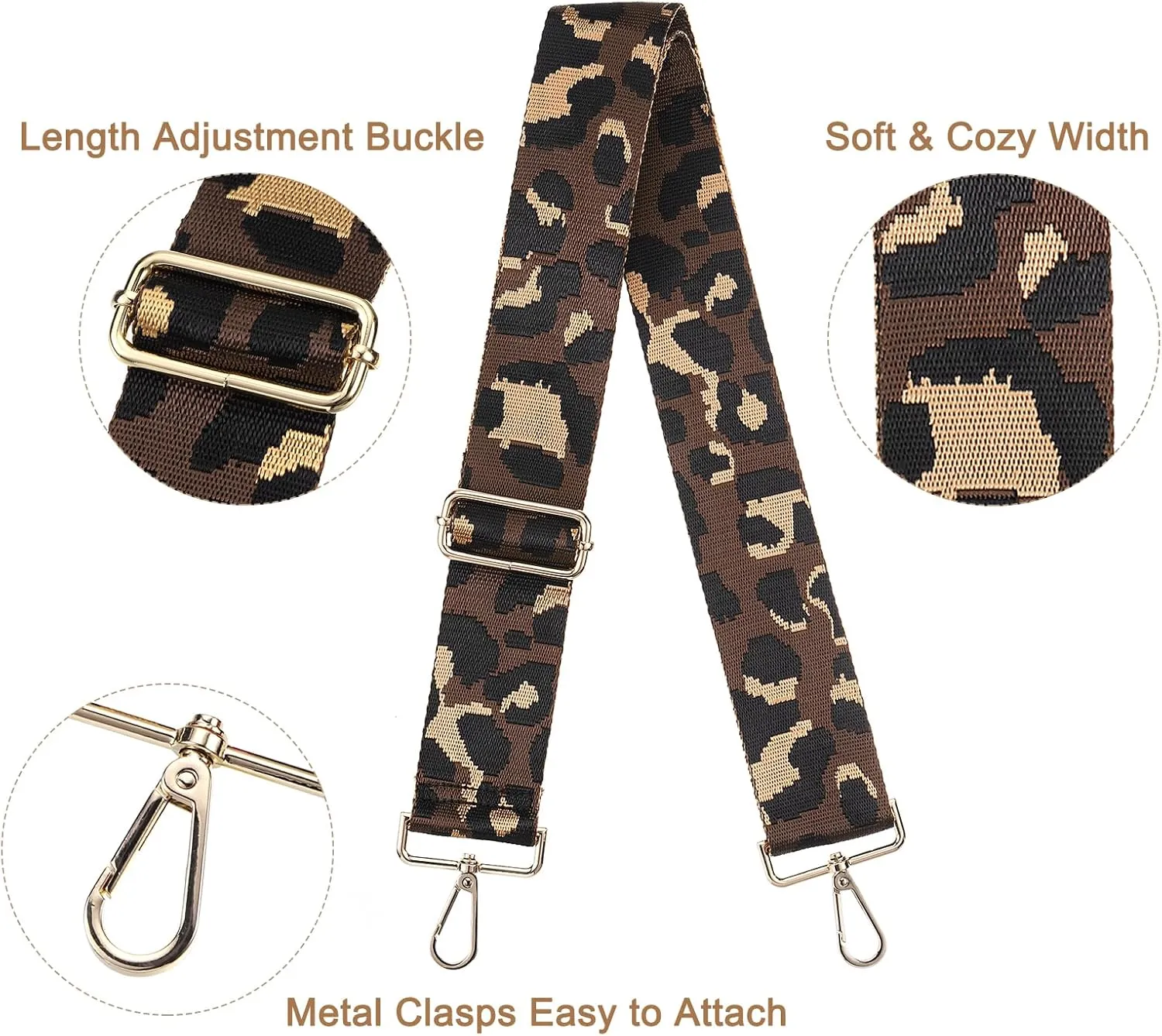 uxcell Purse Strap Replacement, 31-51inch Adjustable Polyester Leopard 2inch Wide Crossbody Shoulder Strap for Handbag Guitar(Brown, Gold Buckle)