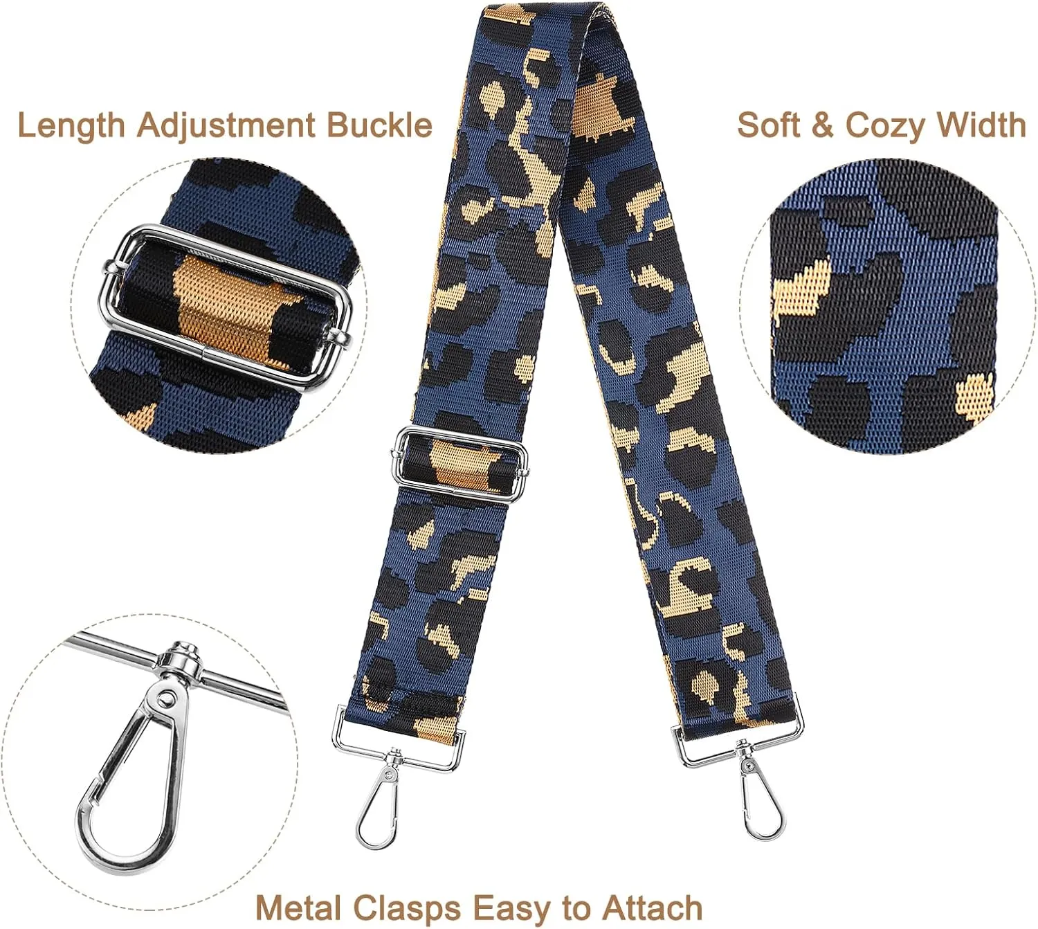 uxcell Purse Strap Replacement, 31-51inch Adjustable Polyester Leopard 2inch Wide Crossbody Shoulder Strap for Handbag Guitar(Dark Blue, Silver Buckle)