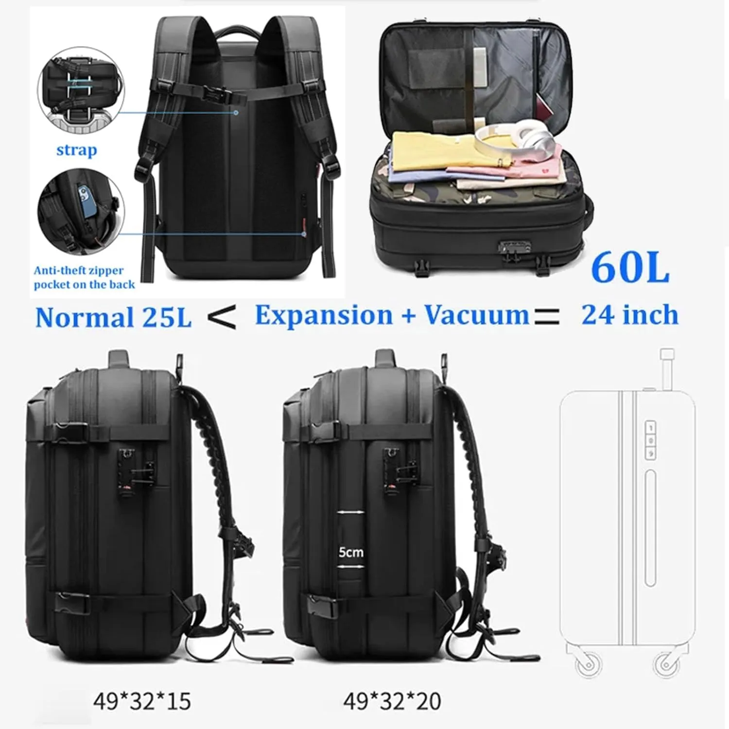 Vaccage Backpack with Vacuum (60 L), Large Capacity Travel Backpack, Waterproof and Anti-Theft, Multifunctional Backpack (Black)