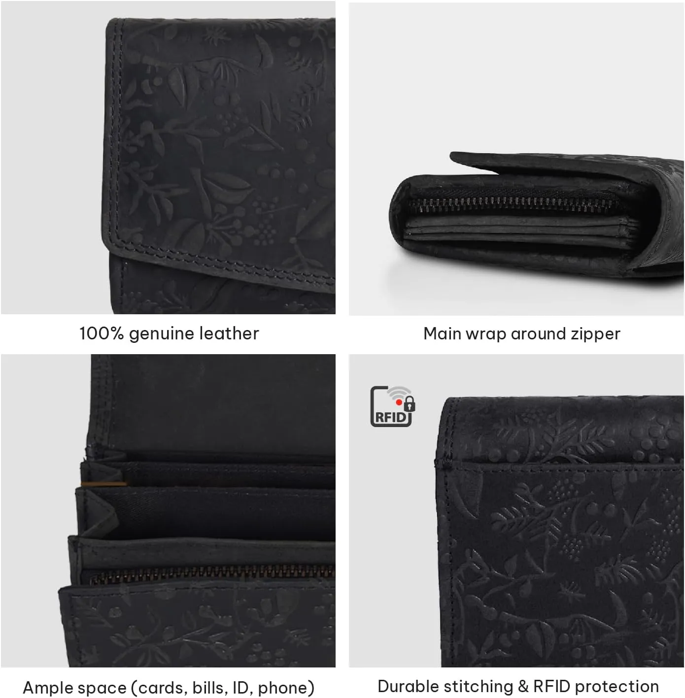 VALENCHI Leather Wallet For Women RFID Blocking Slim Minimalist Ladies Long Clutch Purse Organizer Credit Card Holder Slots with Zipper Pocket (Black Oily Hunter)