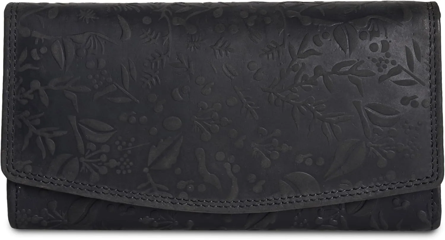 VALENCHI Leather Wallet For Women RFID Blocking Slim Minimalist Ladies Long Clutch Purse Organizer Credit Card Holder Slots with Zipper Pocket (Black Oily Hunter)