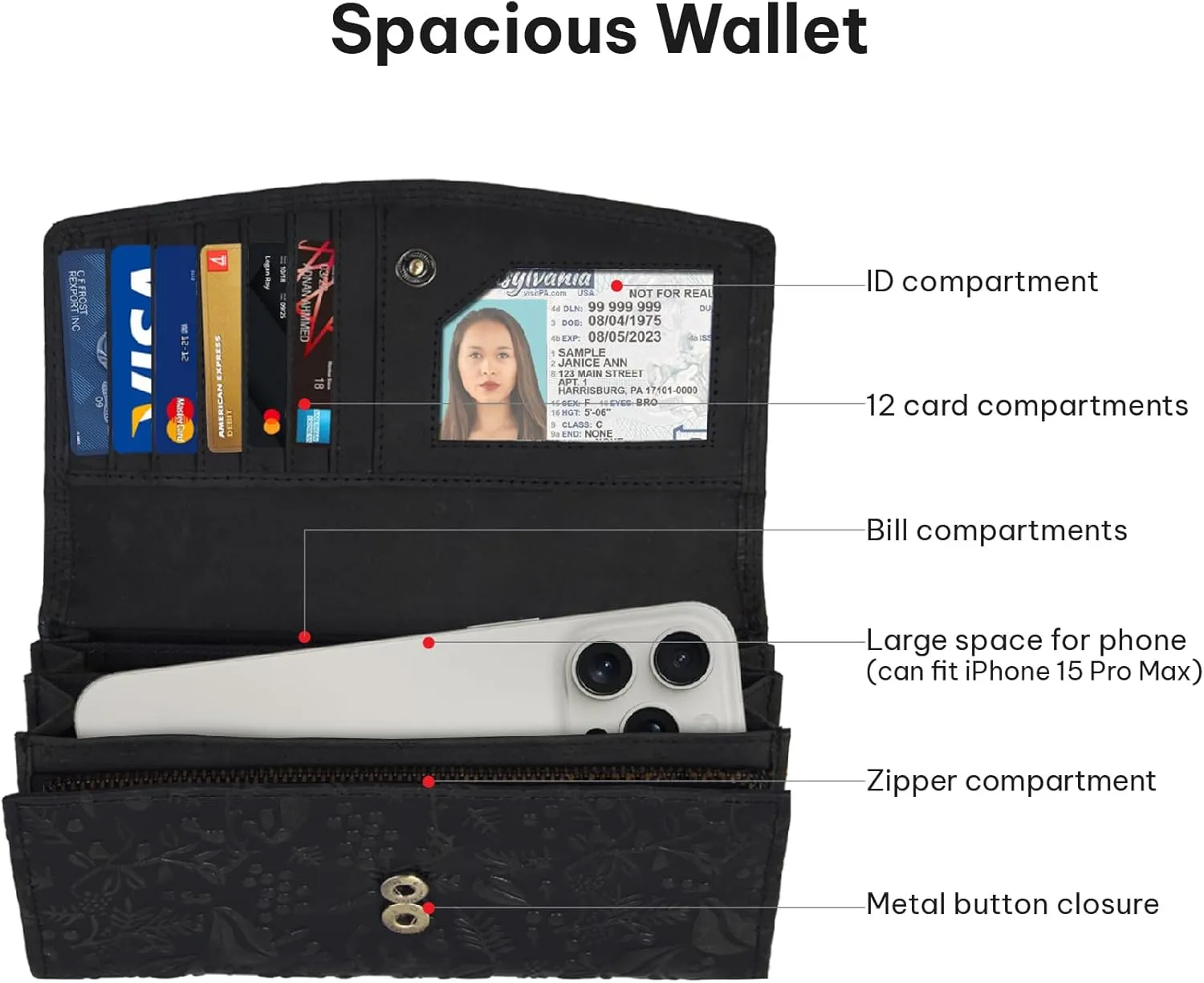 VALENCHI Leather Wallet For Women RFID Blocking Slim Minimalist Ladies Long Clutch Purse Organizer Credit Card Holder Slots with Zipper Pocket (Black Oily Hunter)