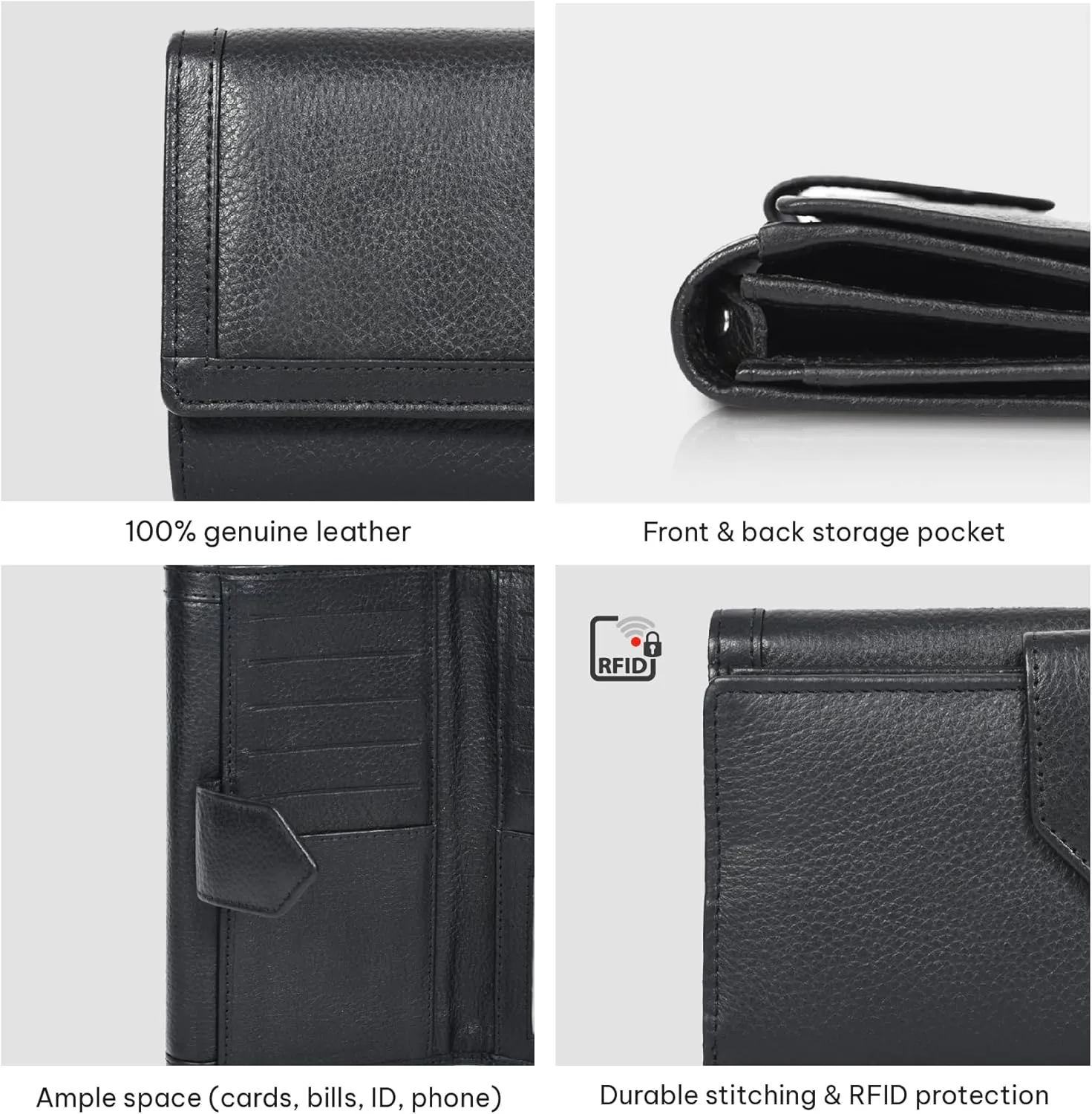 VALENCHI Leather Wallet For Women RFID Blocking Slim Minimalist Ladies Long Clutch Purse Organizer Credit Card Holder Slots with Zipper Pocket (Black Soft Nappa)