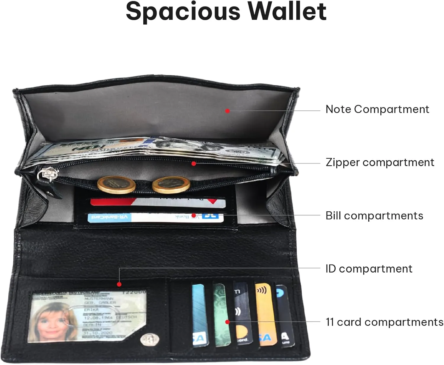 VALENCHI Leather Wallet For Women RFID Blocking Slim Minimalist Ladies Long Clutch Purse Organizer Credit Card Holder Slots with Zipper Pocket (Black Soft Nappa)