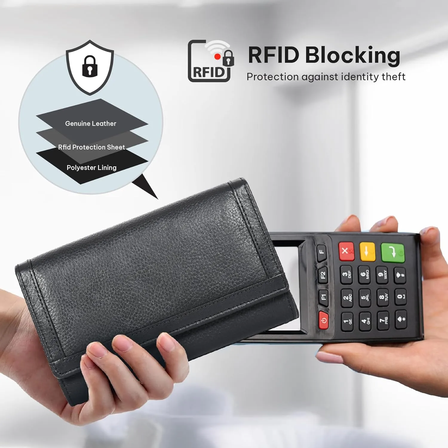 VALENCHI Leather Wallet For Women RFID Blocking Slim Minimalist Ladies Long Clutch Purse Organizer Credit Card Holder Slots with Zipper Pocket (Black Soft Nappa)