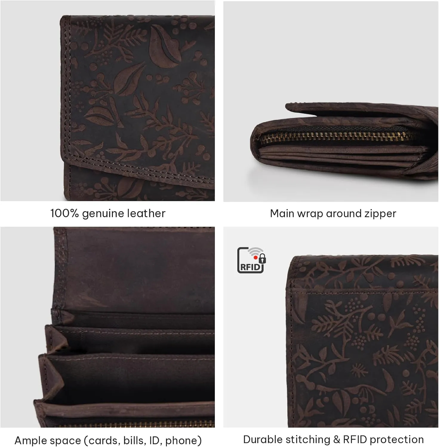 VALENCHI Leather Wallet For Women RFID Blocking Slim Minimalist Ladies Long Clutch Purse Organizer Credit Card Holder Slots with Zipper Pocket (Brown Oily Hunter)