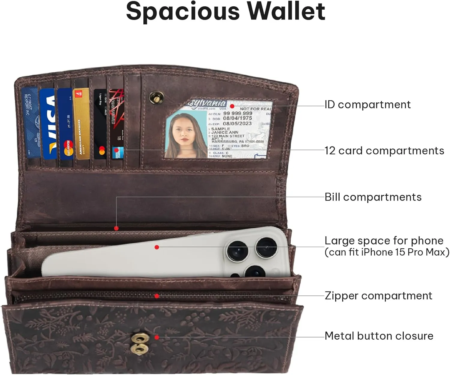 VALENCHI Leather Wallet For Women RFID Blocking Slim Minimalist Ladies Long Clutch Purse Organizer Credit Card Holder Slots with Zipper Pocket (Brown Oily Hunter)