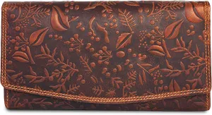 VALENCHI Leather Wallet For Women RFID Blocking Slim Minimalist Ladies Long Clutch Purse Organizer Credit Card Holder Slots with Zipper Pocket (Cognac Vintage)