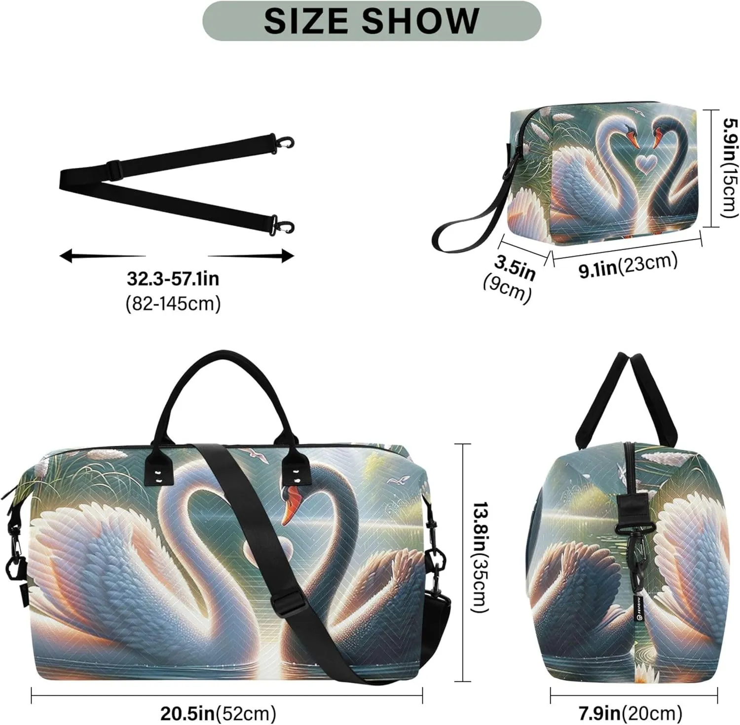 Valentines Swan Mate Cute Travel Bag Duffel Toiletry Bags Set of 2, Flower Women Gym Tote Overnight Bag
