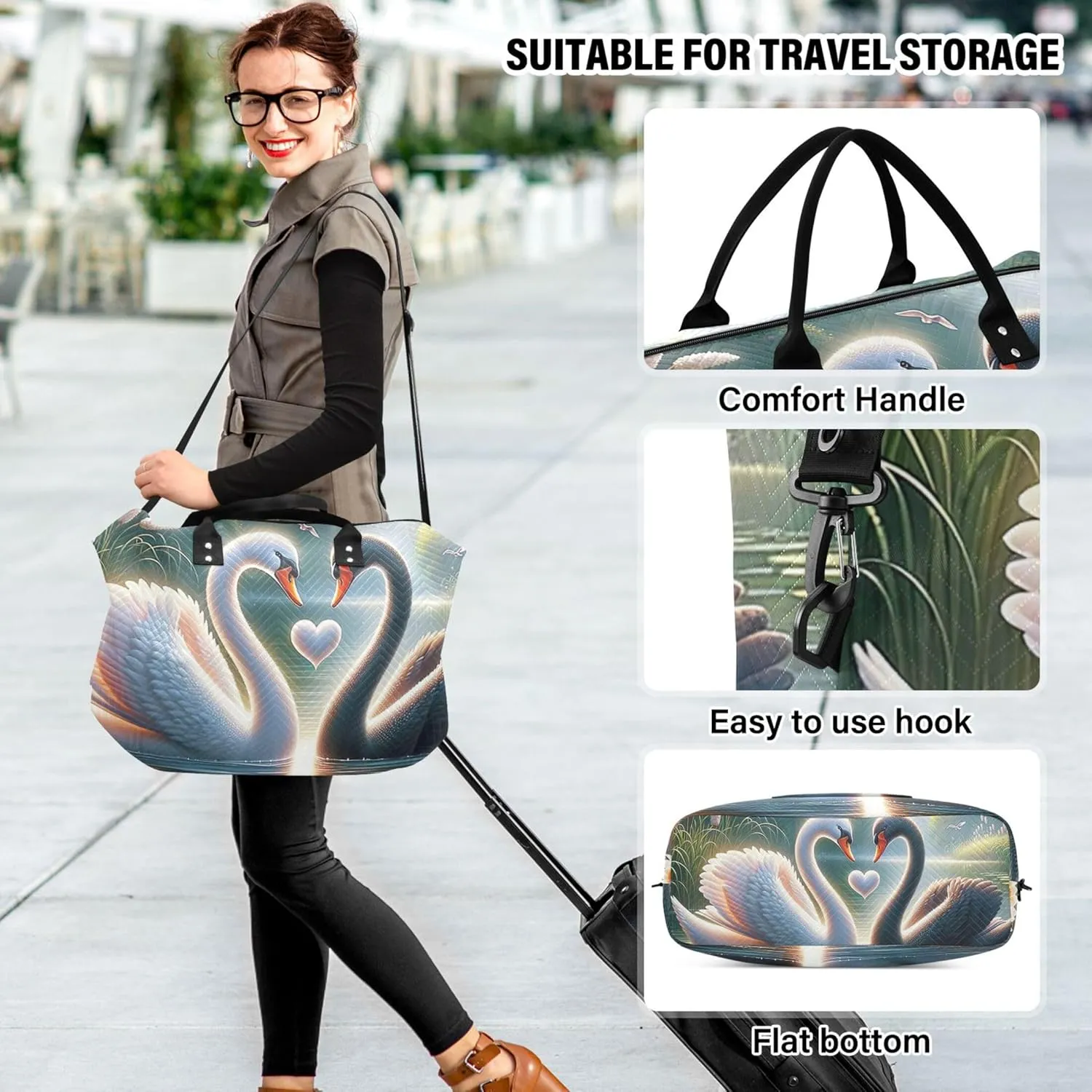 Valentines Swan Mate Cute Travel Bag Duffel Toiletry Bags Set of 2, Flower Women Gym Tote Overnight Bag