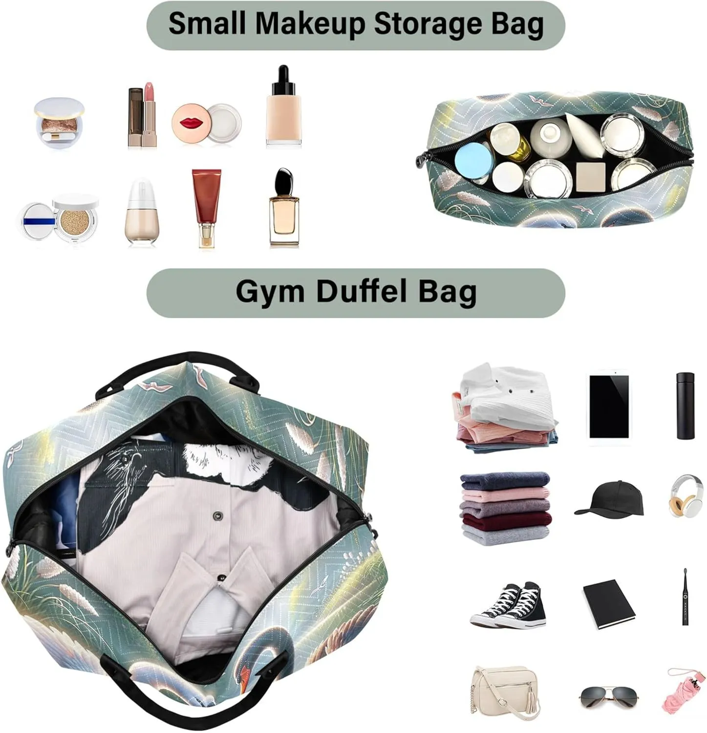 Valentines Swan Mate Cute Travel Bag Duffel Toiletry Bags Set of 2, Flower Women Gym Tote Overnight Bag