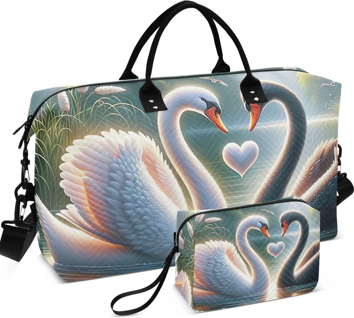 Valentines Swan Mate Cute Travel Bag Duffel Toiletry Bags Set of 2, Flower Women Gym Tote Overnight Bag