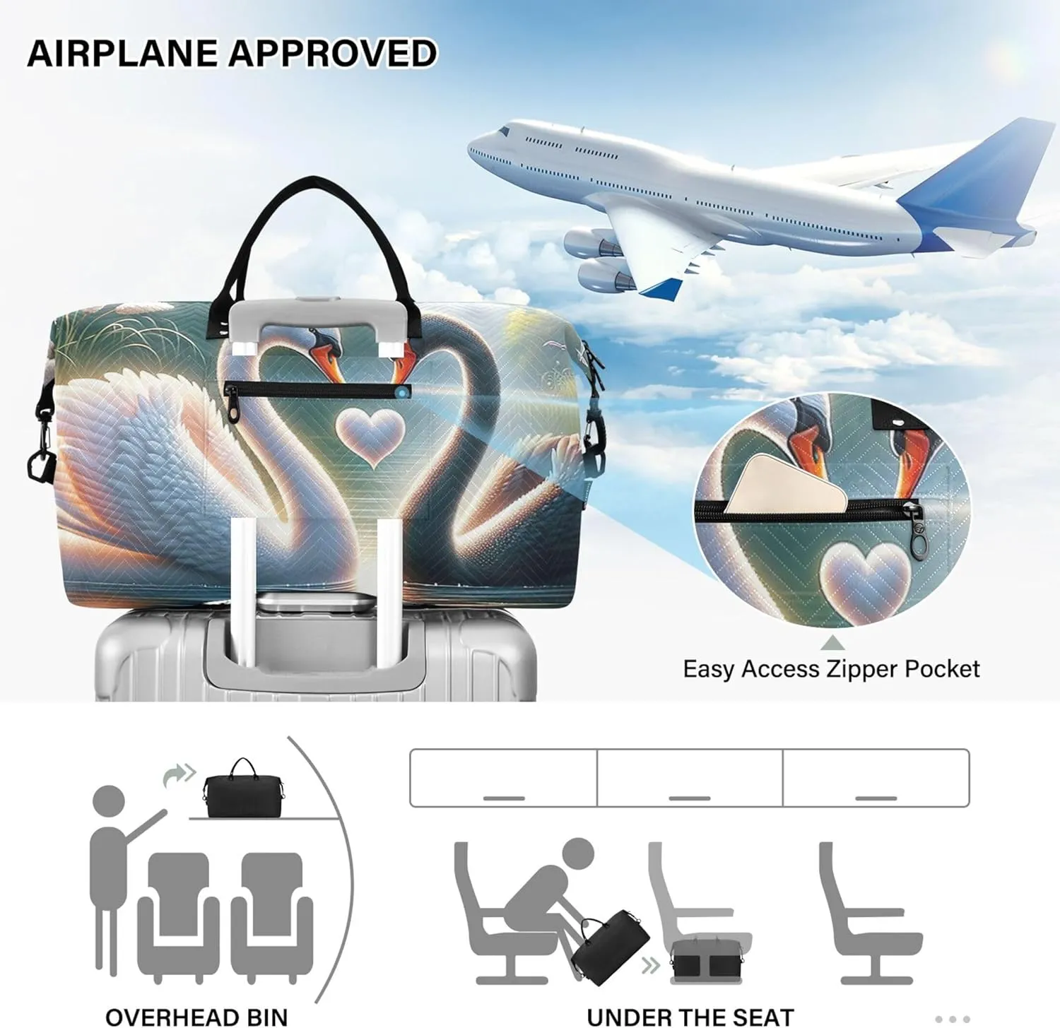 Valentines Swan Mate Cute Travel Bag Duffel Toiletry Bags Set of 2, Flower Women Gym Tote Overnight Bag