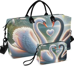Valentines Swan Mate Cute Travel Bag Duffel Toiletry Bags Set of 2, Flower Women Gym Tote Overnight Bag