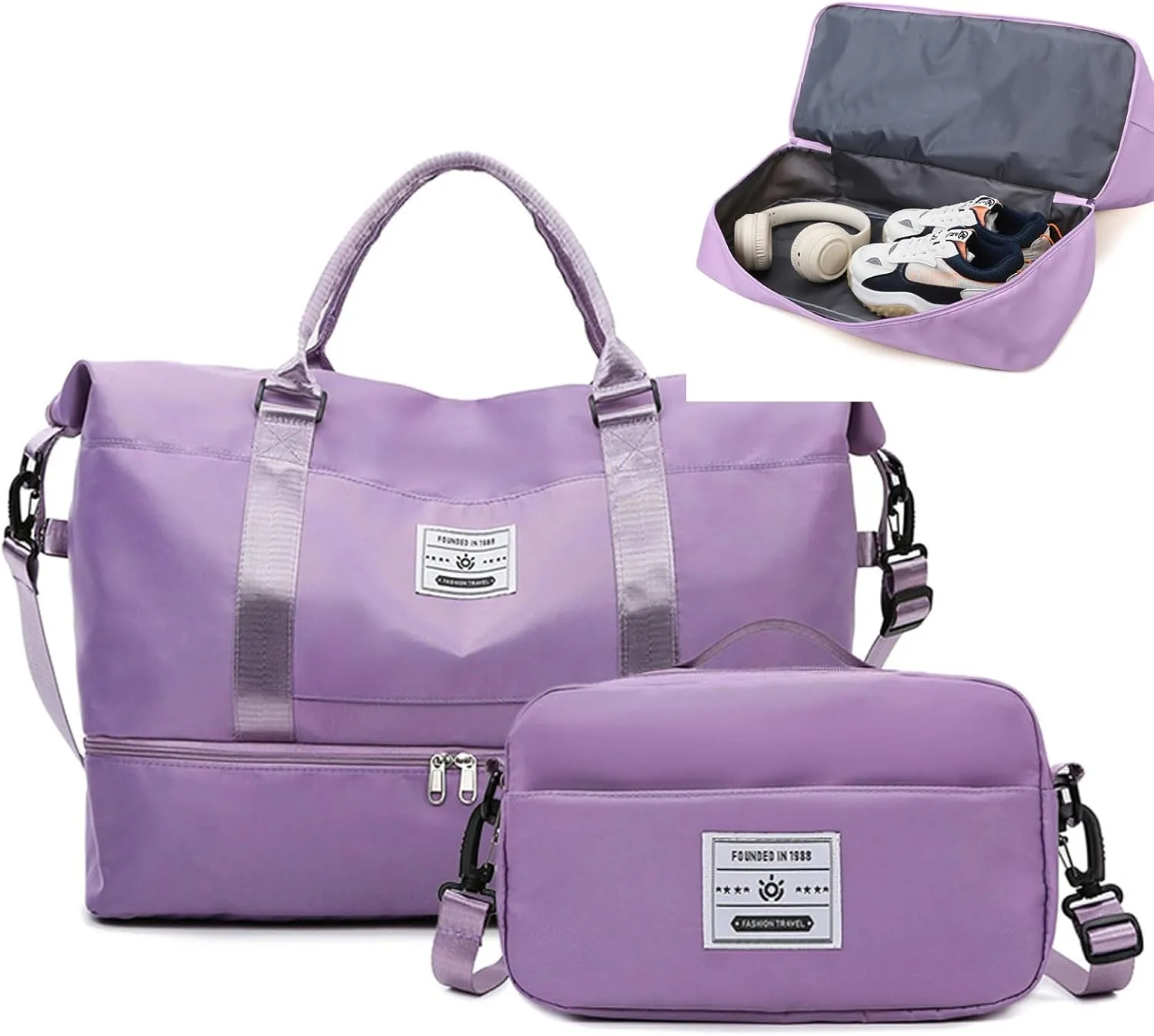 Valleycomfy Travel Duffel Bags with Shoes Compartment,Large Travel Duffel Bag,Weekender Overnight Bag with Toiletry Bag,Purple