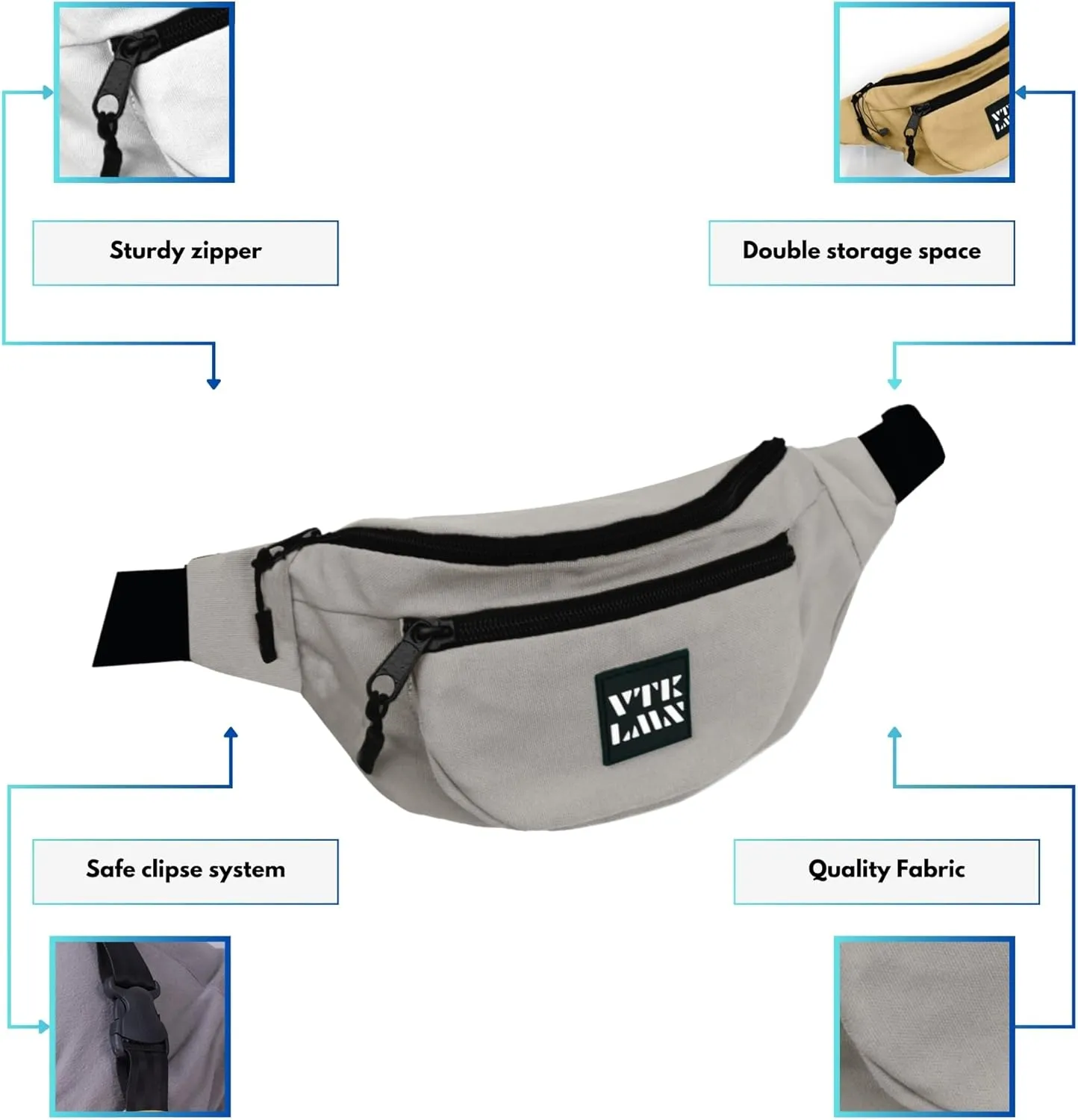 Vatkalimon Black, White and Grey Fanny Pack Set. Men's Crossbody Bag Belt Beg For Women Gym Essentials Women Belt Bag for Running Travelling Walking