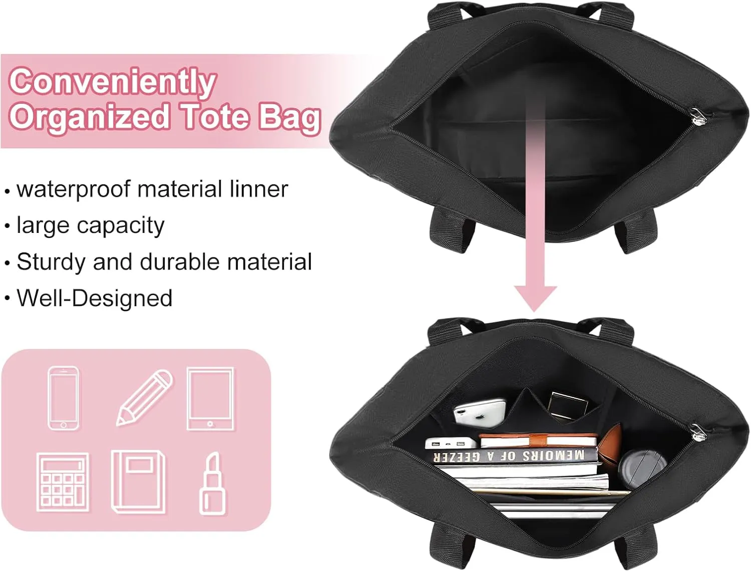 Vavabox Tote Bag, A-Z Initial Monogrammed Waterproof Tote Bag, Bridesmaid Gifts for Women, Black and Pink