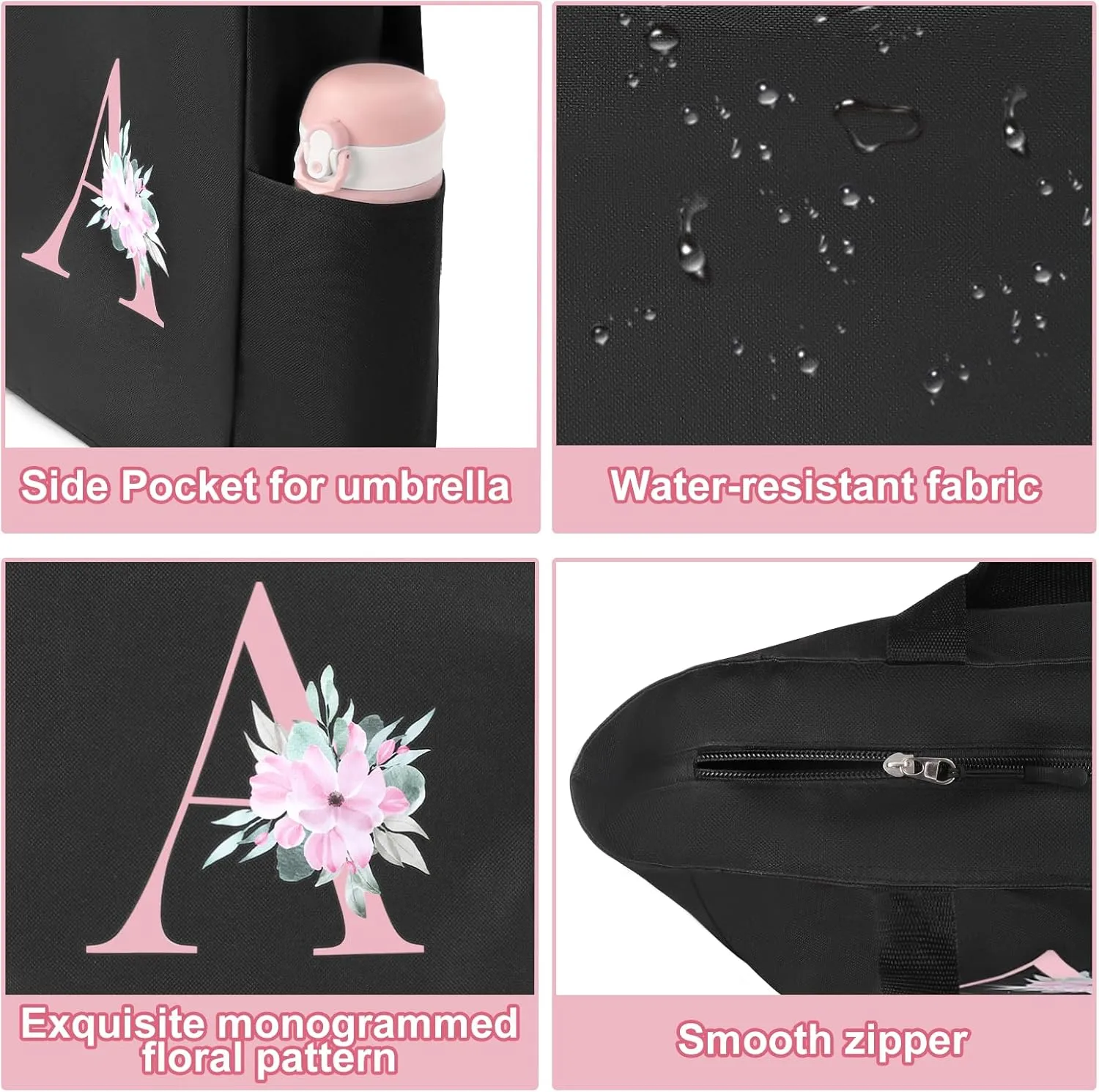 Vavabox Tote Bag, A-Z Initial Monogrammed Waterproof Tote Bag, Bridesmaid Gifts for Women, Black and Pink