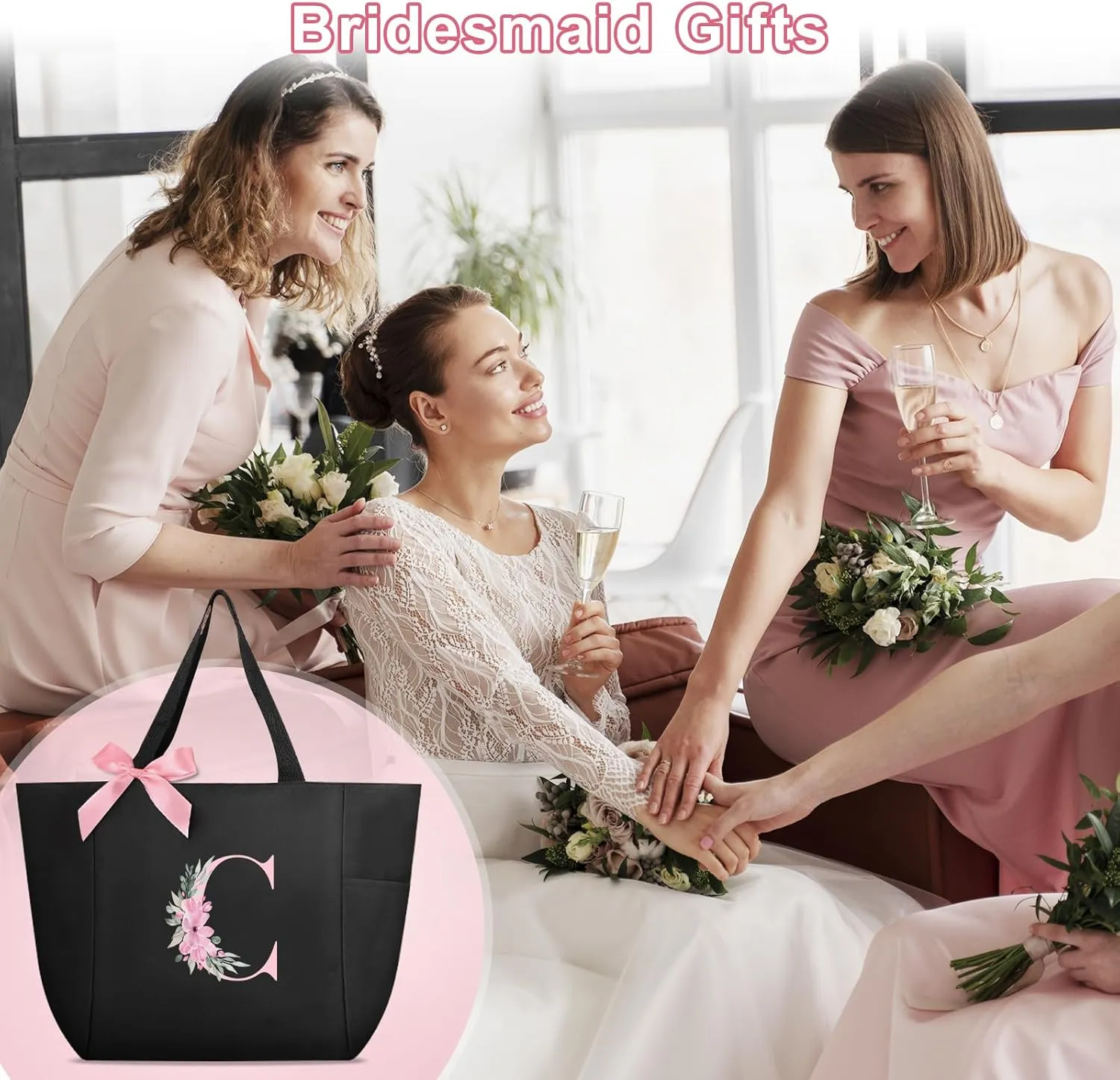 Vavabox Tote Bag, A-Z Initial Monogrammed Waterproof Tote Bag, Bridesmaid Gifts for Women, Black and Pink