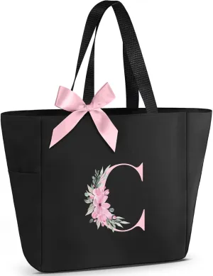 Vavabox Tote Bag, A-Z Initial Monogrammed Waterproof Tote Bag, Bridesmaid Gifts for Women, Black and Pink