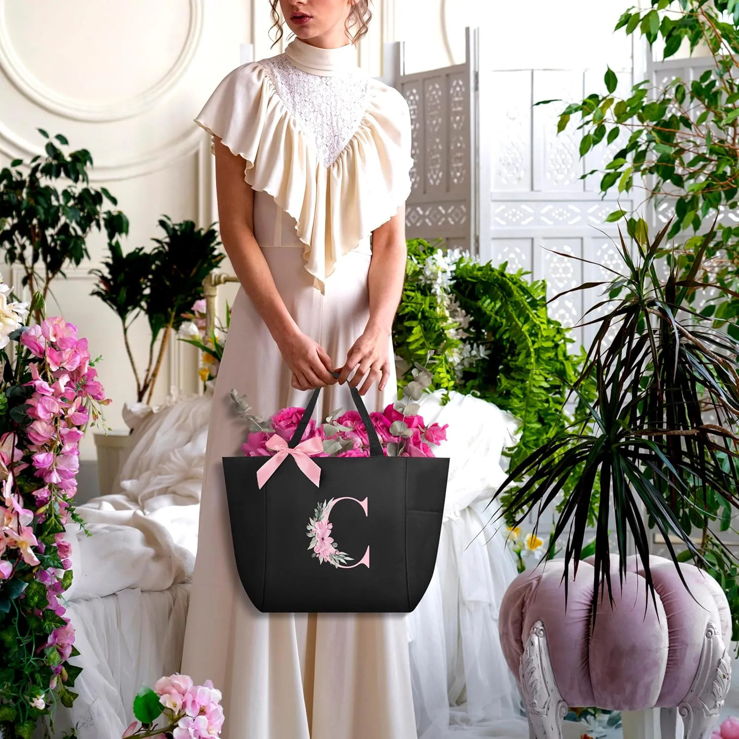 Vavabox Tote Bag, A-Z Initial Monogrammed Waterproof Tote Bag, Bridesmaid Gifts for Women, Black and Pink