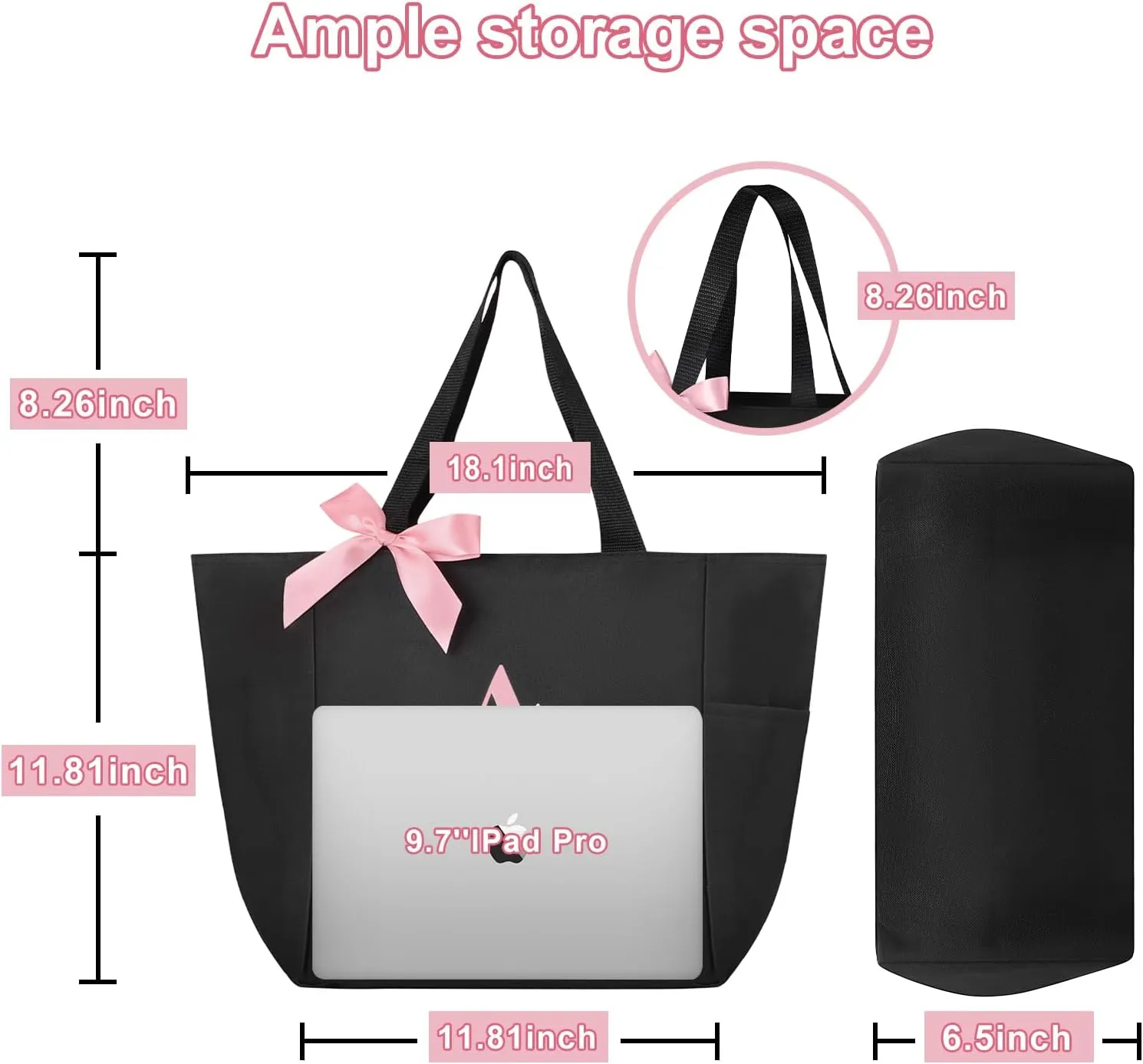 Vavabox Tote Bag, A-Z Initial Monogrammed Waterproof Tote Bag, Bridesmaid Gifts for Women, Black and Pink