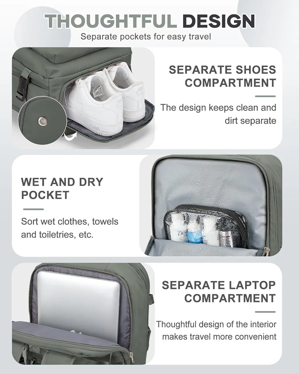 VECAVE Travel Backpack,Carry On Backpack for Women,Airline Flight Approved Waterproof 14 Inch Laptop Backpack with Shoe Compartment Casual Daypack Backpacks DarkGreen.