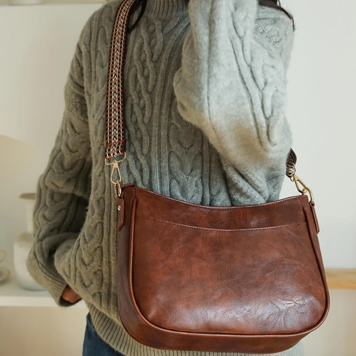 Vegan Leather Crossbody Bags for Women, Camera Shoulder Handbag Zipped Pockets Hobo Purse with Adjustable Wide Strap