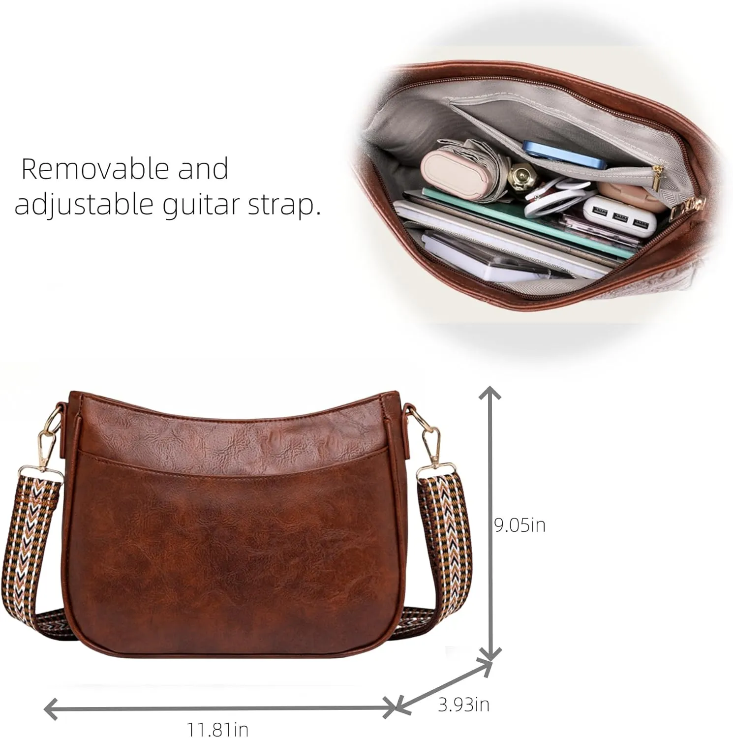 Vegan Leather Crossbody Bags for Women, Camera Shoulder Handbag Zipped Pockets Hobo Purse with Adjustable Wide Strap