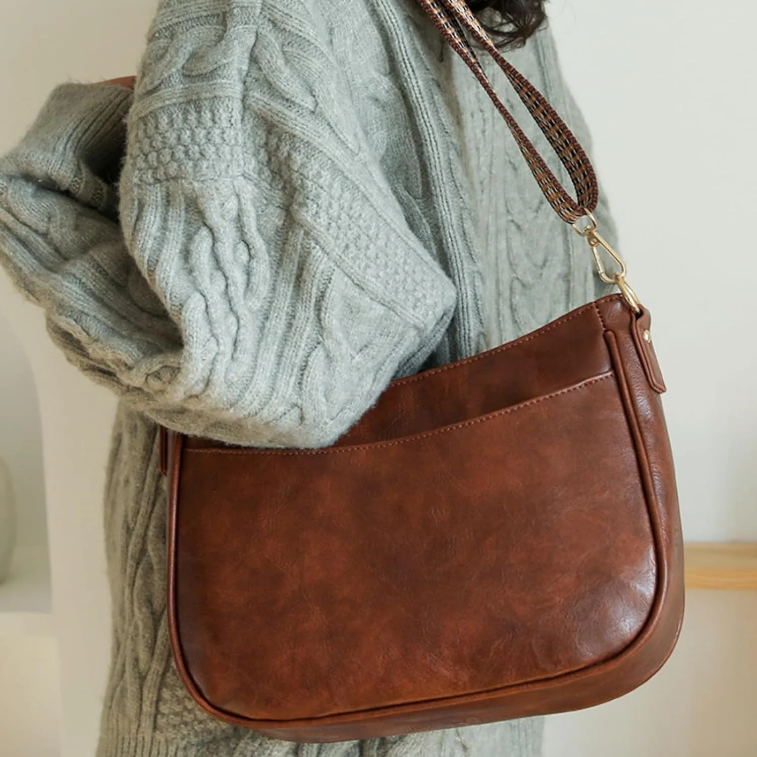 Vegan Leather Crossbody Bags for Women, Camera Shoulder Handbag Zipped Pockets Hobo Purse with Adjustable Wide Strap
