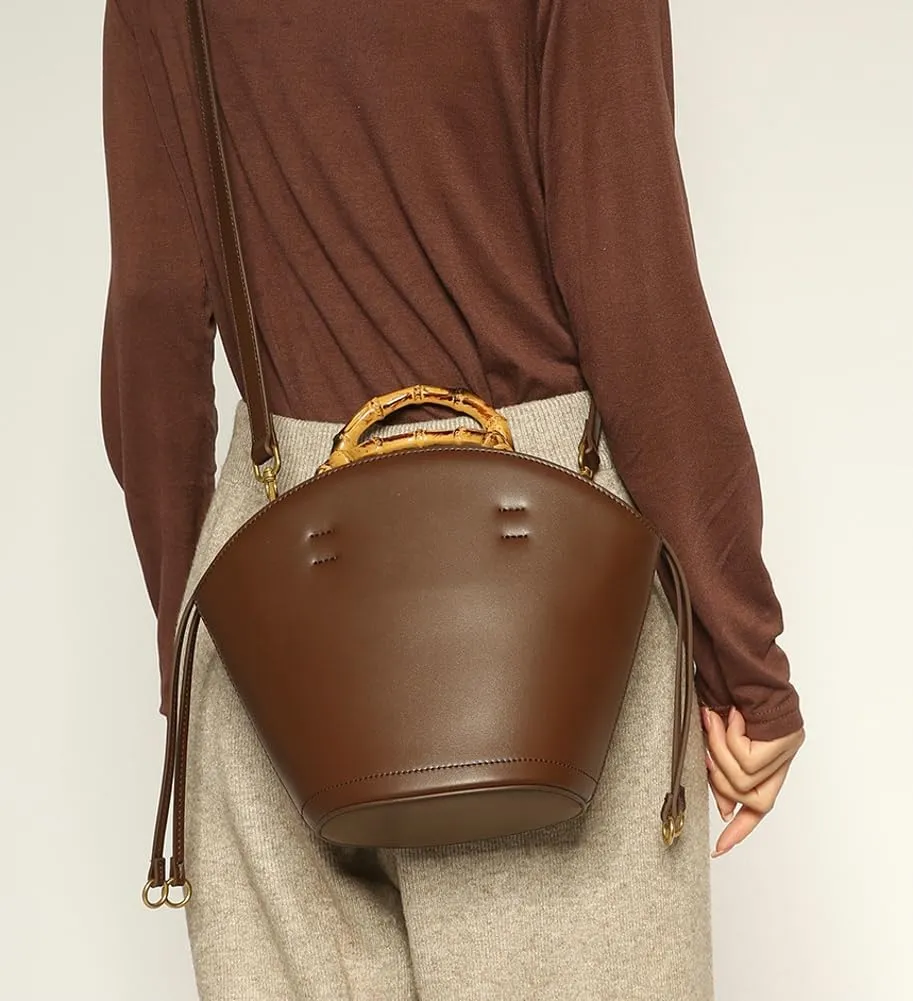 Vegan Leather Handbag for Women Small Bucket Shoulder Crossbody Purse Tote Clutch Designer Satchel with Bamboo Handle