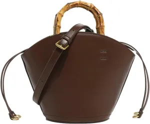 Vegan Leather Handbag for Women Small Bucket Shoulder Crossbody Purse Tote Clutch Designer Satchel with Bamboo Handle