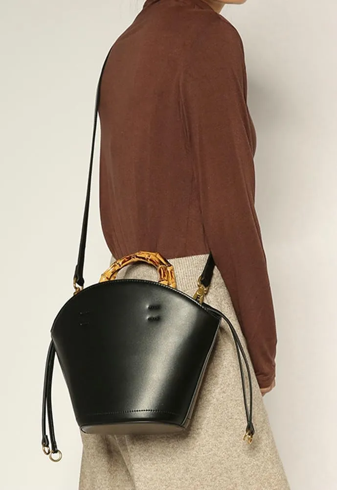 Vegan Leather Handbag for Women Small Bucket Shoulder Crossbody Purse Tote Clutch Designer Satchel with Bamboo Handle