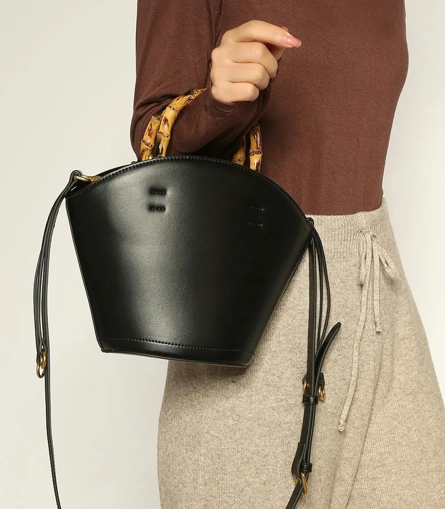 Vegan Leather Handbag for Women Small Bucket Shoulder Crossbody Purse Tote Clutch Designer Satchel with Bamboo Handle