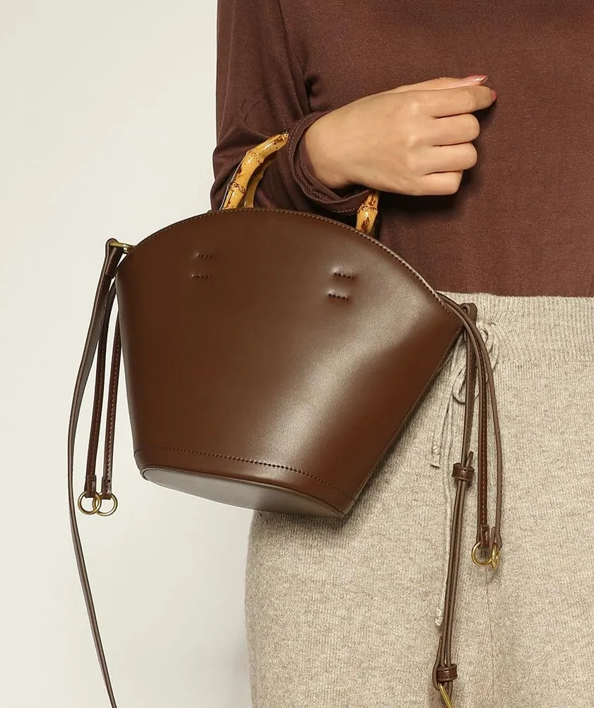 Vegan Leather Handbag for Women Small Bucket Shoulder Crossbody Purse Tote Clutch Designer Satchel with Bamboo Handle